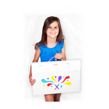Load image into Gallery viewer, child standing with a2 size art portfolio in brushstrokes design on front