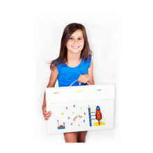 Load image into Gallery viewer, child standing with a2 size art portfolio with coloured rocket in space design