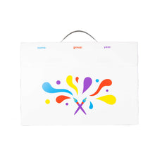 Load image into Gallery viewer, a3 size art portfolio to store children's artwork with multi coloured brushstrokes design on front