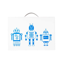 Load image into Gallery viewer, my artworx a3 size art portfolio to store children's artwork with three blue robots design
