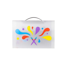 Load image into Gallery viewer, a4 size art folder with large coloured brushstrokes design on back to store children's artwork