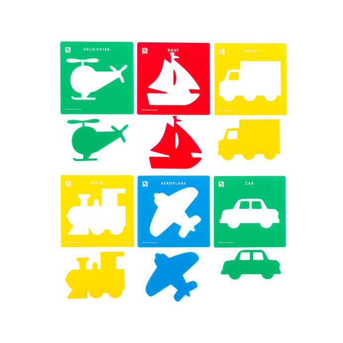 set pf 6 coloured stencils in transport theme