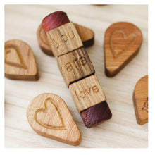 Load image into Gallery viewer, mindful spindle displaying you are love with wooden hearts in background
