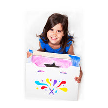 Load image into Gallery viewer, child sitting with my artworx a2 size art portfolio in brushstrokes design on front 

