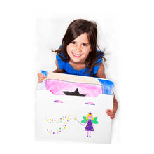 Load image into Gallery viewer, child sitting with a2 size art portfolio in coloured fairy garden design
