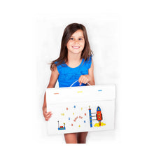 Load image into Gallery viewer, child standing with a2 size art portfolio with coloured rocket in space design
