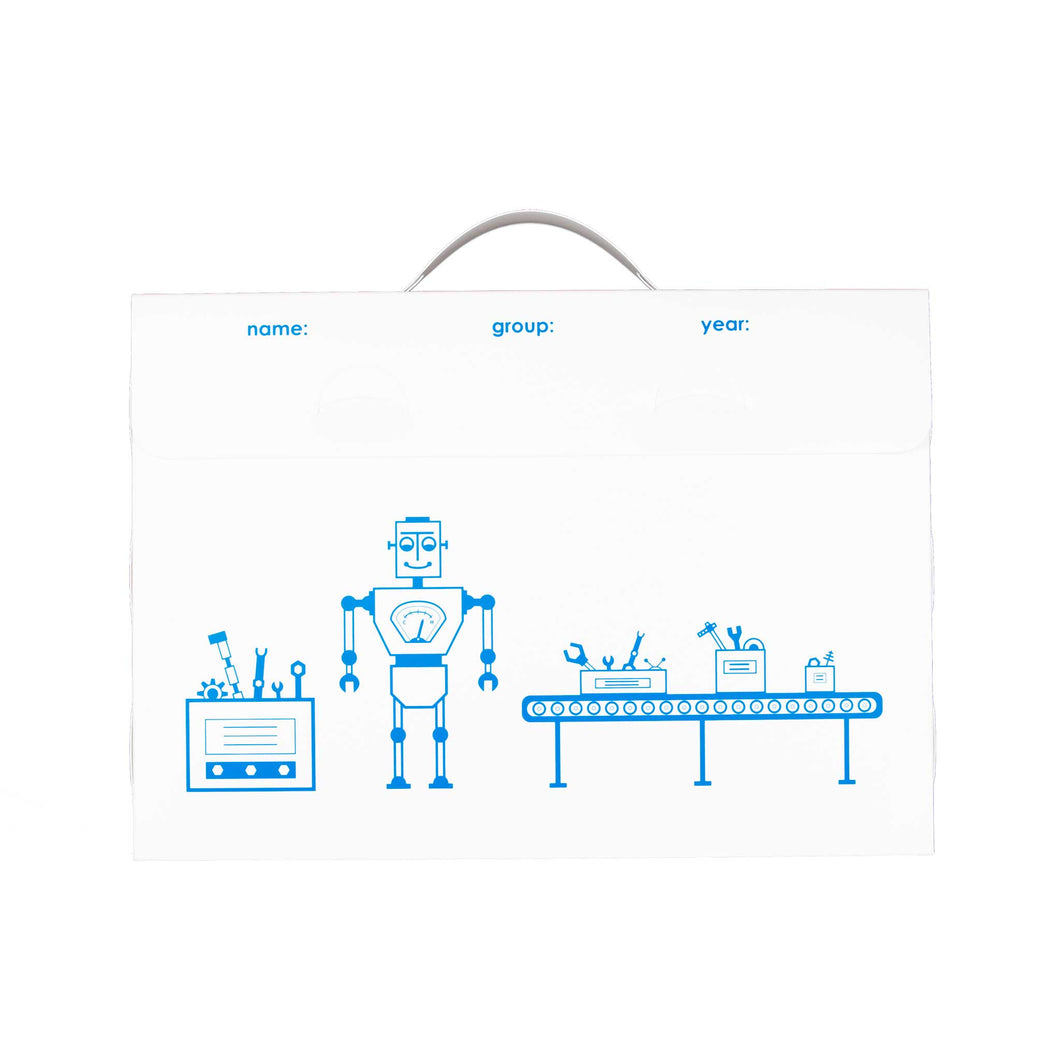 my artworx a3 size art portfolio to store children's artwork with blue robot factory design