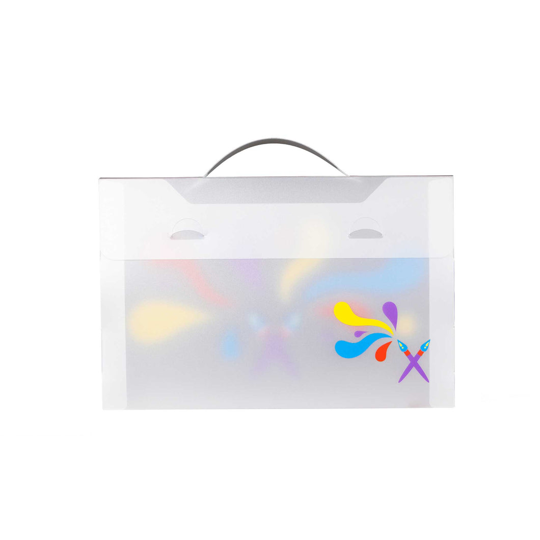 a4 size art folder with coloured brushstrokes design to store children's artwork