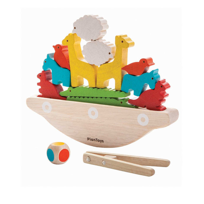 plan toys wooden balancing boat with coloured animals, dice and tongs