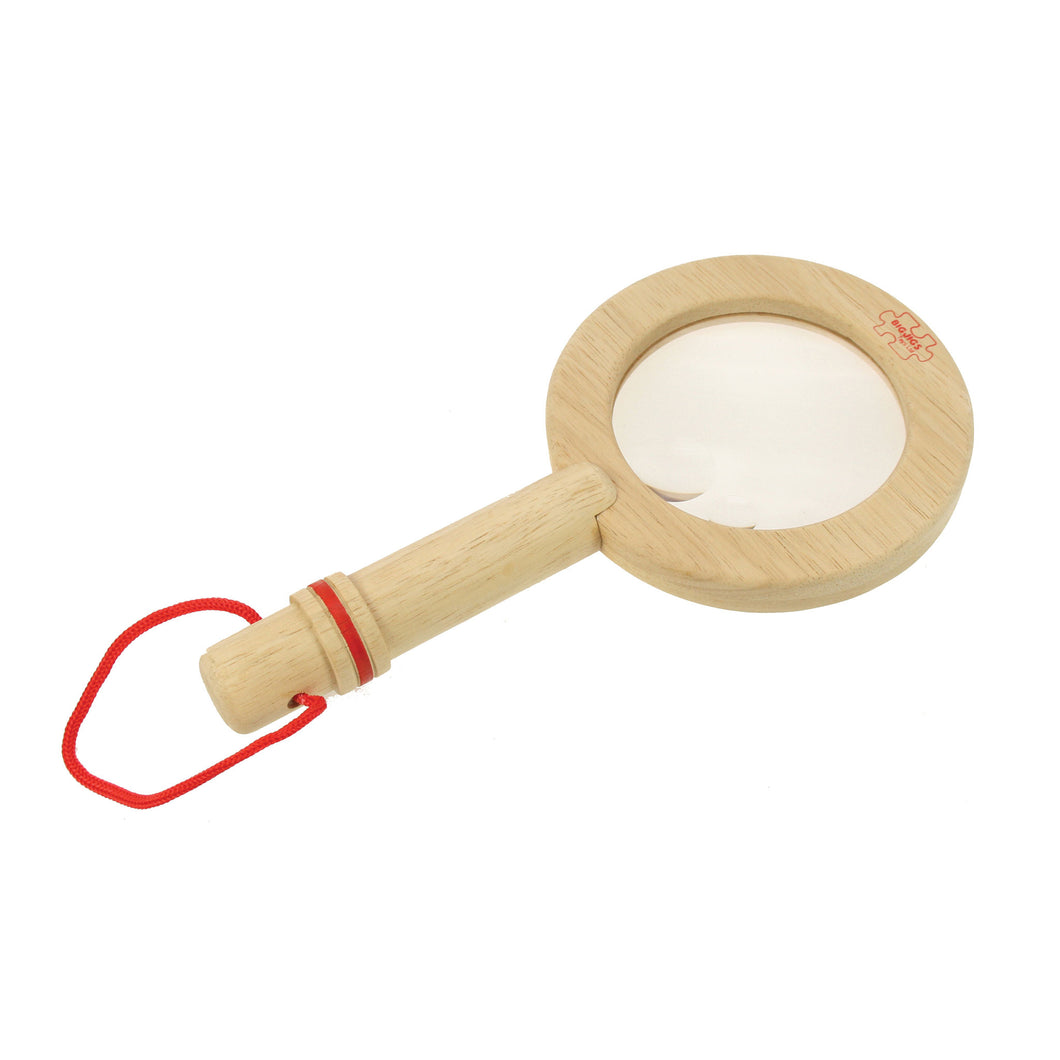 large wooden magnifying glass for kids with red string carry handle