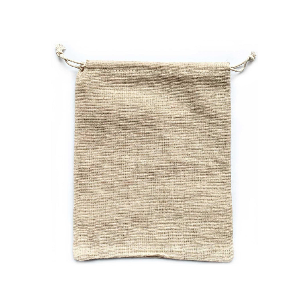 natural coloured calico bag with drawstring tie
