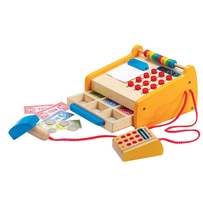 hape wooden toy cash register with scanner and play money