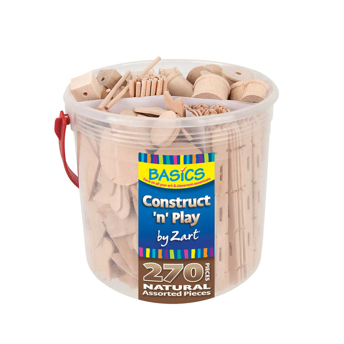 set of natural wooden construction pieces in carry bucket