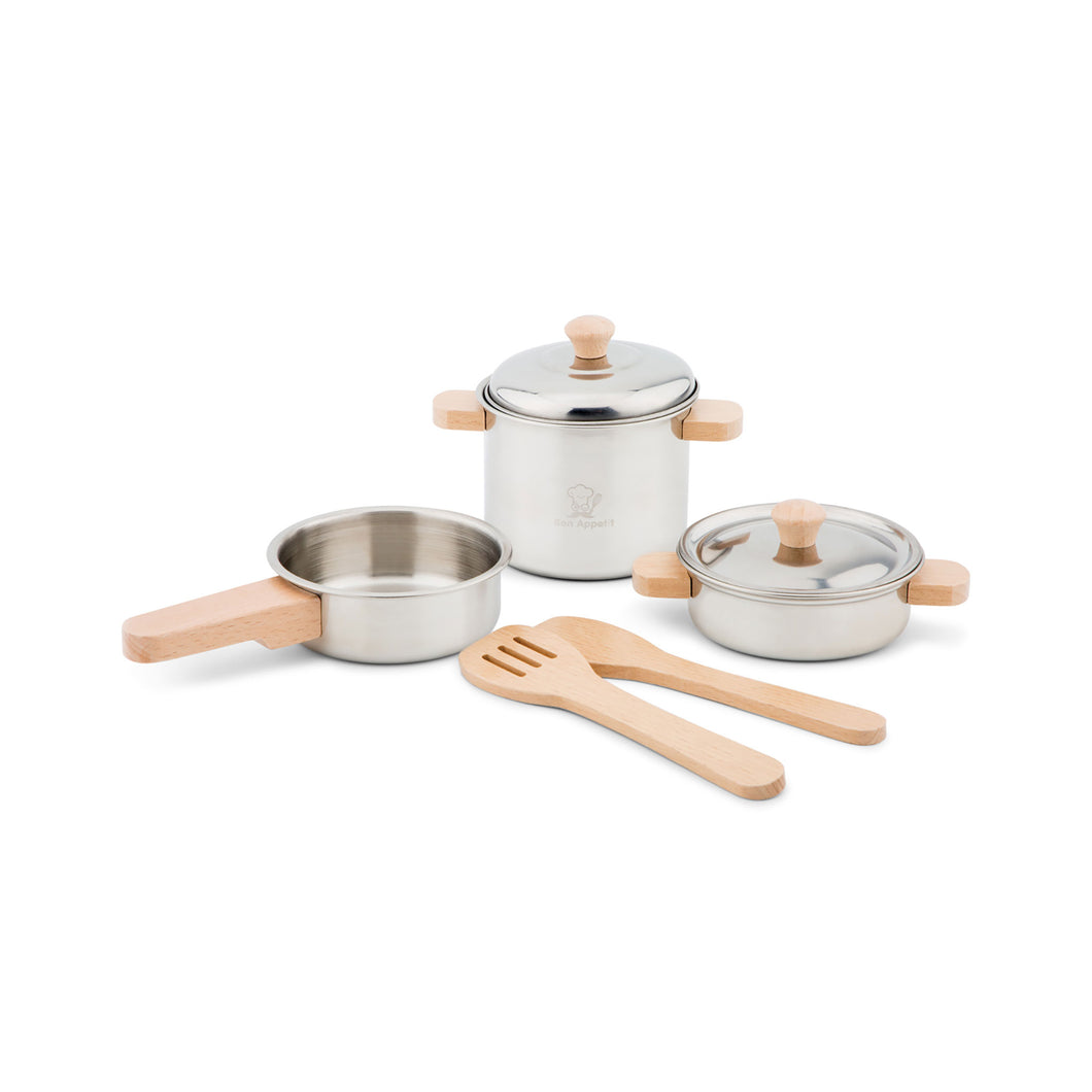 new classic toys seven piece metal pans set with wooden handles and utensils 