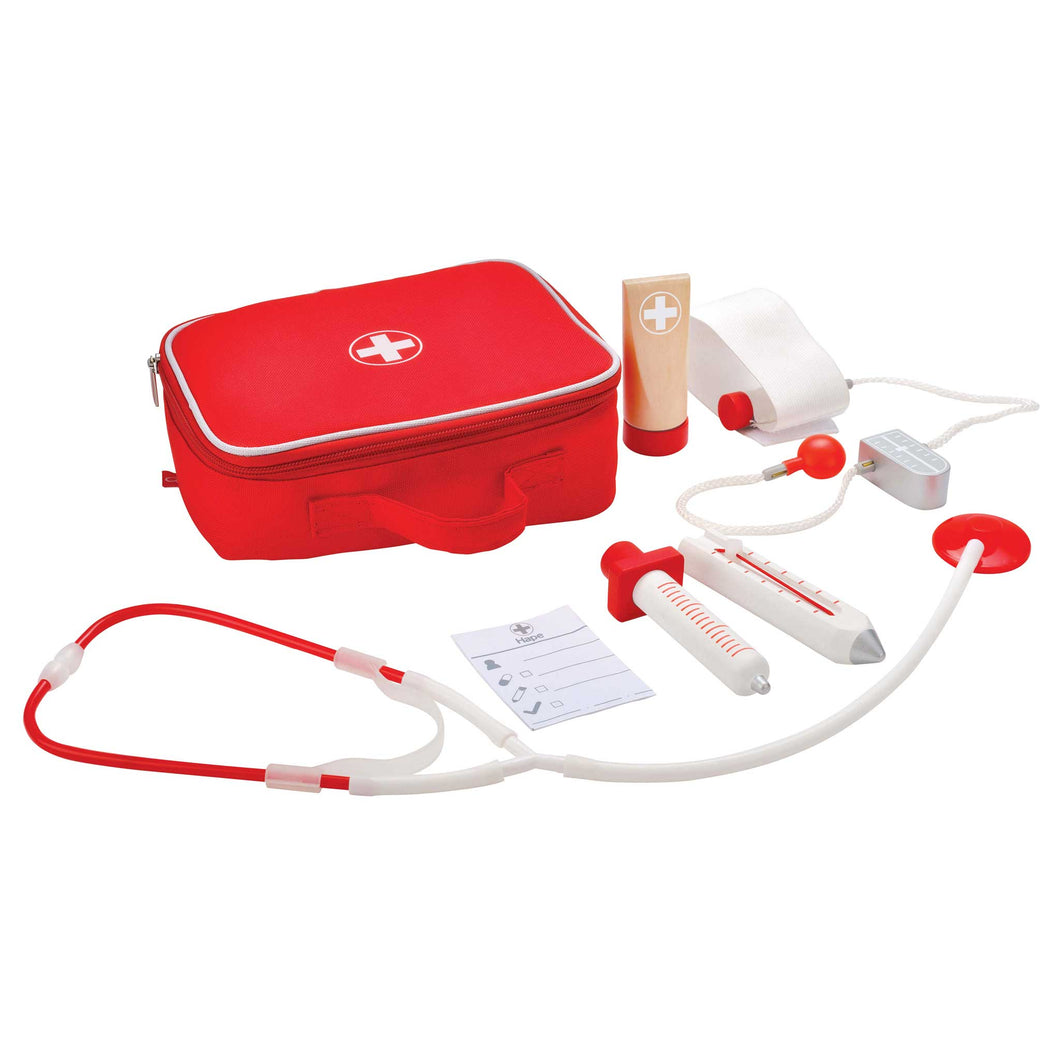 Hape doctor on call set with wooden instruments and red carry bag 