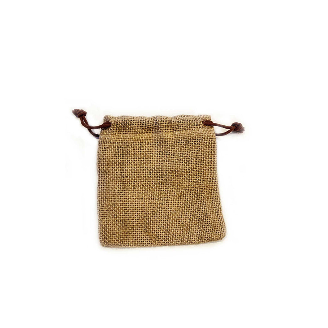small natural coloured hessian bag with brown drawstring