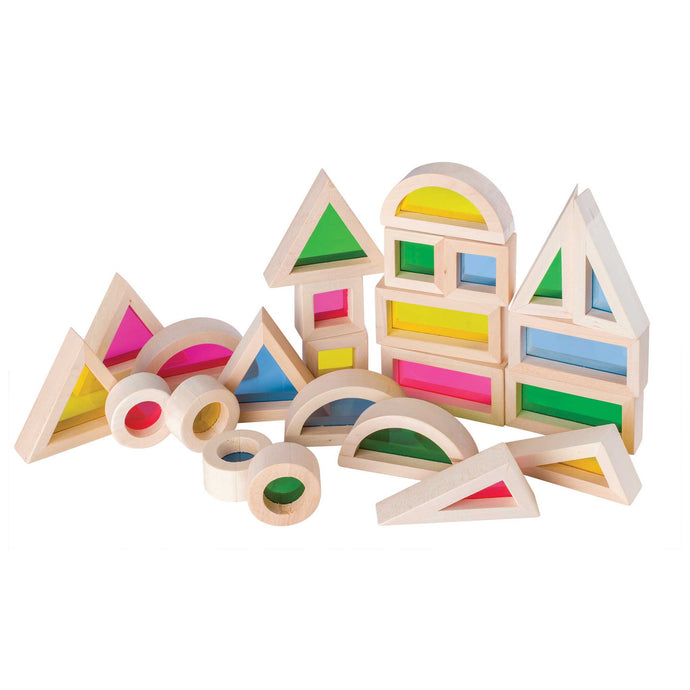 set of discovery wooden blocks in different shapes with coloured lens inserts