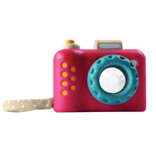Load image into Gallery viewer, plan toys wooden toy camera in red and blue 
