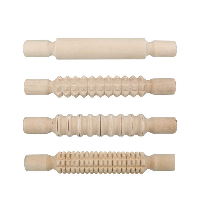 set of four zart art wooden patterned rolling pins