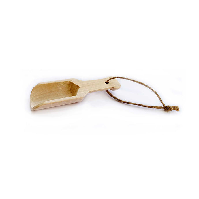 small wooden scoop with twine handle