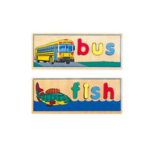 Load image into Gallery viewer, See and Spell wooden puzzle set with coloured pictures and letters bus and fish
