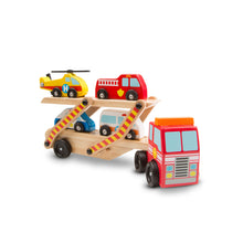 Load image into Gallery viewer, Melissa &amp; Doug emergency vehicle carrier stack on two levels with helicopter, ambulance, fire truck and police car
