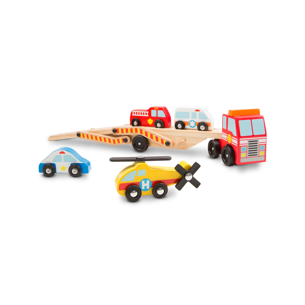 Melissa & Doug emergency vehicle carrier with helicopter, ambulance, fire truck and police car